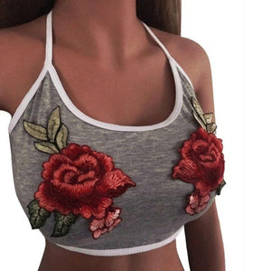 Appliques Tank Tops Women Fashion Sexy Bare Midriff  Rose Printing Sleeveless O-Neck Tanks & Camis Tops Blouses