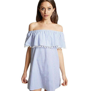 Fashion Summer Dress Women Loose Design White Blue Striped Off the Shoulder Mini Dress Casual Tassel Sexy Dresses Sundress 2017