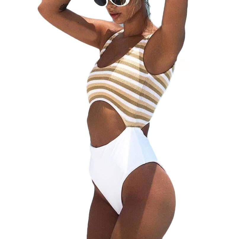 2017 New Bikinis High Waist Brazilian Sexy Swimsuit Women One Piece Push Up Sleevess Striped Beach Wear Jumpsuit  wholesale #EW