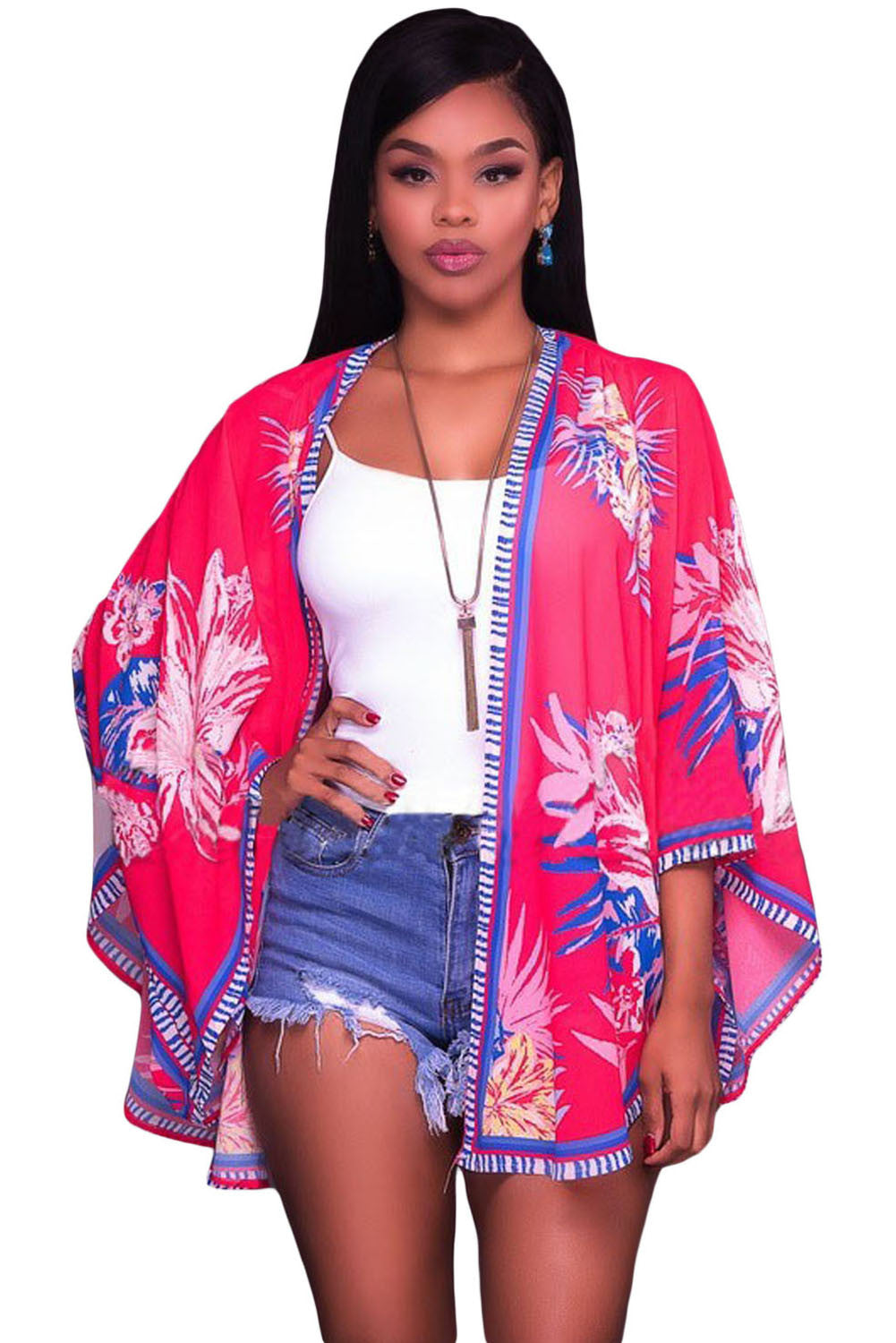 Red Lotus Floral Chiffon Kimono Beach Cover