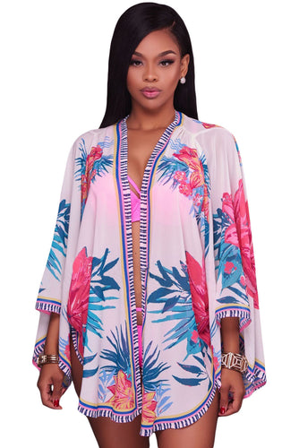 White Lotus Floral Chiffon Kimono Beach Cover