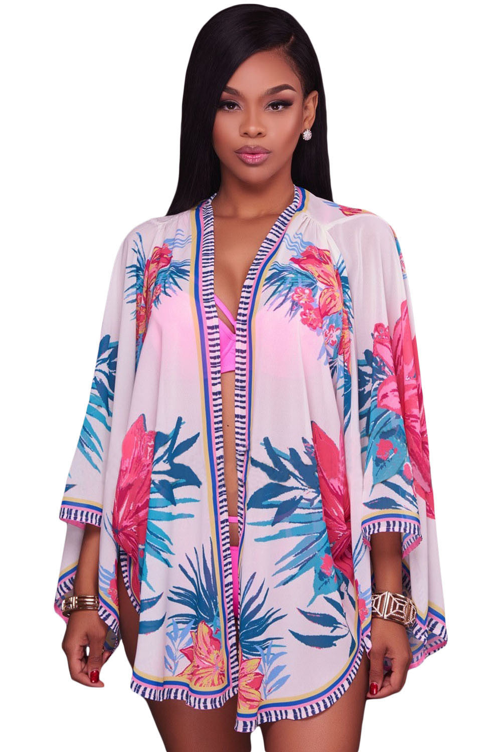 White Lotus Floral Chiffon Kimono Beach Cover