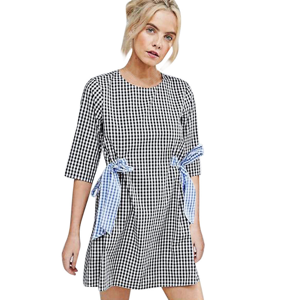 Fashion New Arrival Autumn Dress Women Sexy Half Sleeve Plaid O Neck Black Party Desses Loose Mini Dress vestidos