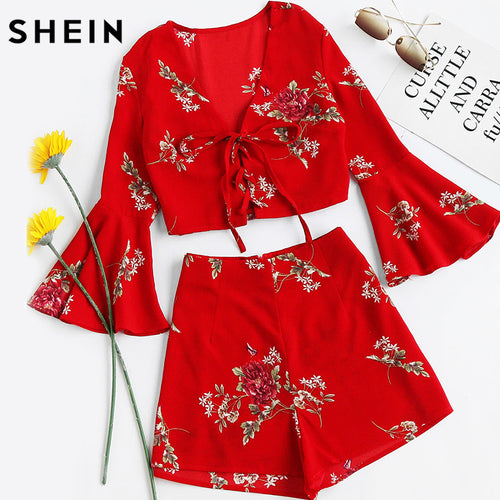 SHEIN Womens Sets Two Piece 2017 Red Floral Falre Sleeve V Neck Lace Up Crop Top With Shorts Sexy Women Summer Set