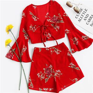 SHEIN Womens Sets Two Piece 2017 Red Floral Falre Sleeve V Neck Lace Up Crop Top With Shorts Sexy Women Summer Set