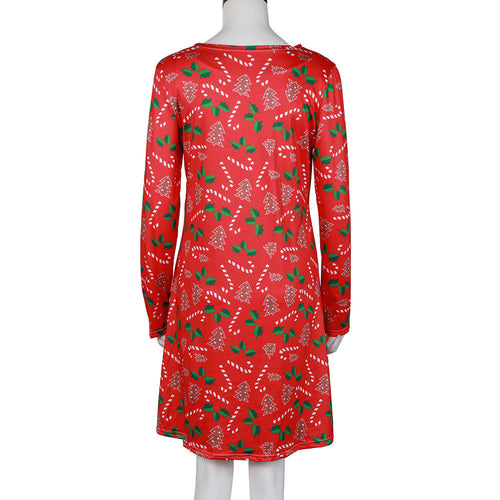 Women Xmas Print Swing Dress Ladies Christmas Long Sleeve Flared Party Dresses