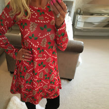 Women Xmas Print Swing Dress Ladies Christmas Long Sleeve Flared Party Dresses