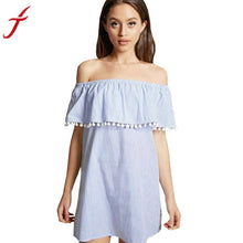 Fashion Summer Dress Women Loose Design White Blue Striped Off the Shoulder Mini Dress Casual Tassel Sexy Dresses Sundress 2017