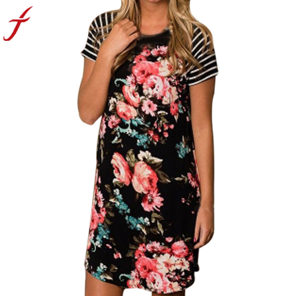 Women's Summer Dress Floral Printing Striped Short Sleeve Patchwork Dresses Casual Soft Cotton Mini Dress robe femme ete 2017