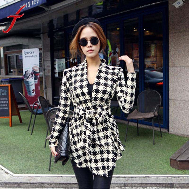 JECKSION 2016 Korean Summer Style Belt Womens Jacket Casaco Feminino Chaquetas Mujer Houndstooth Pattern Thin Sweaters