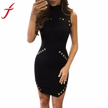 Women Sexy Black Dress Jurken High-Necked Sequin Button Metal circle Sleeveless Package Hip Slim Mini Dress vestido de festa