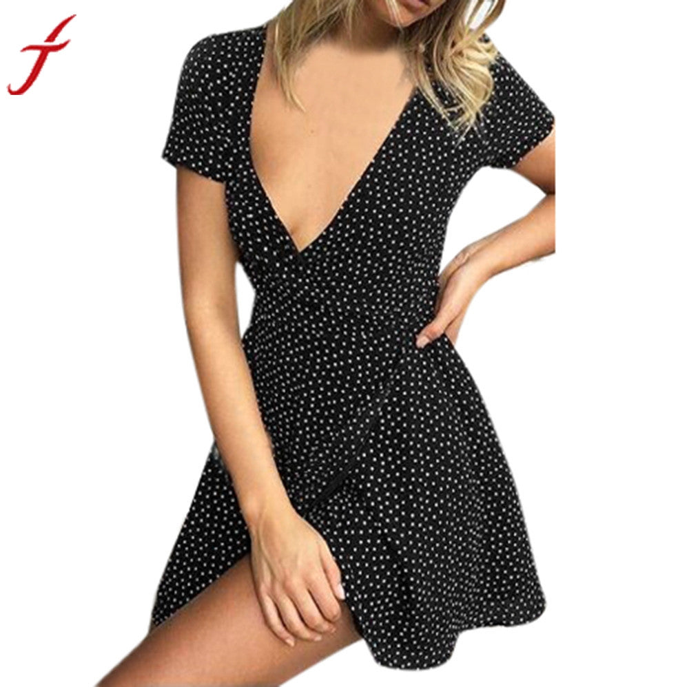 Polka Dot Printed Summer Dress Sexy Women Short Sleeve Evening Party V-Neck Casual Bohemian Beach Dresses