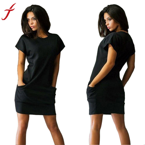 Solid Work Wear Summer Dress Fashion Short Sleeve Beach Casual Evening Party Short Mini Dress with Pockets Plus Woman Vestidos