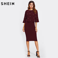 SHEIN Women Autumn Two Piece Outfits Burgundy Three Quarter Length Sleeve Pearl Embellished Front Top and Pencil Skirt Set