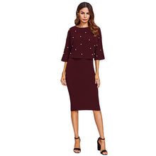 SHEIN Women Autumn Two Piece Outfits Burgundy Three Quarter Length Sleeve Pearl Embellished Front Top and Pencil Skirt Set