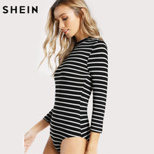 SHEIN Mock Neck Slim Black and White Striped Bodysuit Three Quarter Length Sleeve Autumn Sexy Body Suits for Women