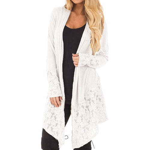 Women Fashion Lace Patchwork Long Sleeve Casual Pure Color Cardigan Coat