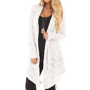 Women Fashion Lace Patchwork Long Sleeve Casual Pure Color Cardigan Coat