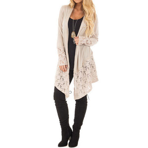 Women Fashion Lace Patchwork Long Sleeve Casual Pure Color Cardigan Coat