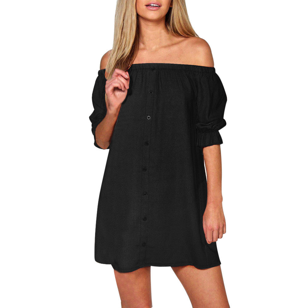 Womens Ladies Off Shoulder Button Mini Dress Evening Shirt Dress