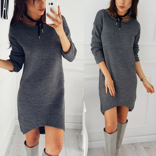 Fashion Women Solid O-Neck Sweater Long Shirt Casual Long Sleeve Pullove Dress