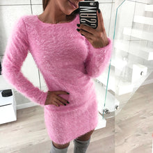 Women Winter Long Sleeve Solid Sweater Fleece Warm Basic Short Mini Dress