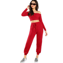 SHEIN Red Two Piece Set Casual Womens Clothing Off the Shoulder Long Sleeve Lettuce Trim Crop Bardot Top and Pants Set