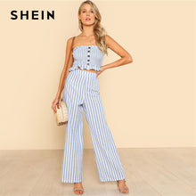 SHEIN Blue Ruffle Strapless Top & Pants Set Women Sleeveless Button Button Casual 2 Pieces Sets 2018 Beach Boho Twopieces