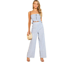 SHEIN Blue Ruffle Strapless Top & Pants Set Women Sleeveless Button Button Casual 2 Pieces Sets 2018 Beach Boho Twopieces