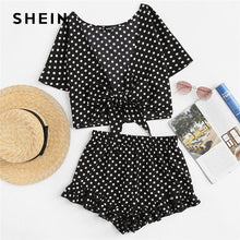 SHEIN Polka Dot Knot Front Top And Ruffle Hem Shorts Set 2018 Summer Deep V Neck Short Sleeve Clothing Women Sexy 2 Pieces Sets