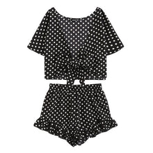 SHEIN Polka Dot Knot Front Top And Ruffle Hem Shorts Set 2018 Summer Deep V Neck Short Sleeve Clothing Women Sexy 2 Pieces Sets