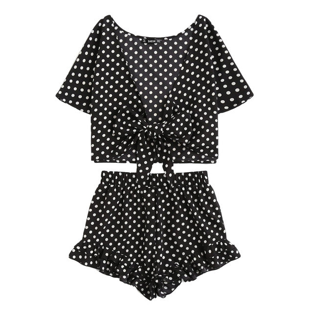 SHEIN Polka Dot Knot Front Top And Ruffle Hem Shorts Set 2018 Summer Deep V Neck Short Sleeve Clothing Women Sexy 2 Pieces Sets