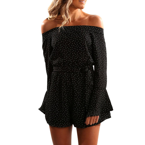 Women Polka Dot Long Sleeve Off Shoulder Jumpsuit Playsuit