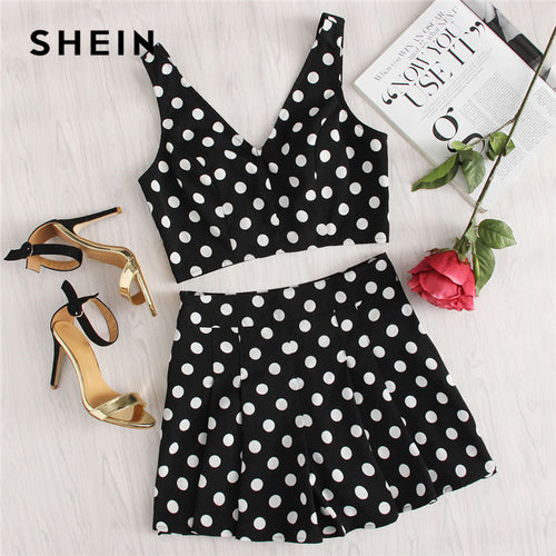 SHEIN Polka Dot Zip Back Crop Top And Shorts Set Women Deep V-neck Sleeveless Pleated 2 Pieces Sets 2018 Summer Sexy Twopieces