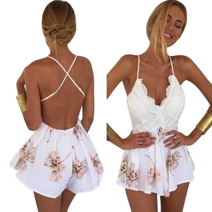 Women Lace Printing V Neck Strap Sleeveless Jumpsuit Rompers Playsuit