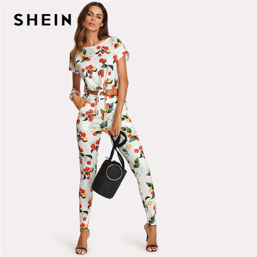 SHEIN Botanical Print Knot Front Roll Up Sleeve Top And Pants Set 2018 Women Round Neck Short Sleeve Pocket Casual 2 Pieces Sets