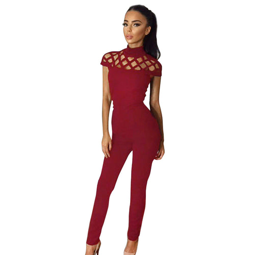 Womens Choker High Neck Caged Sleeve Playsuits Long Jumpsuits Rompers