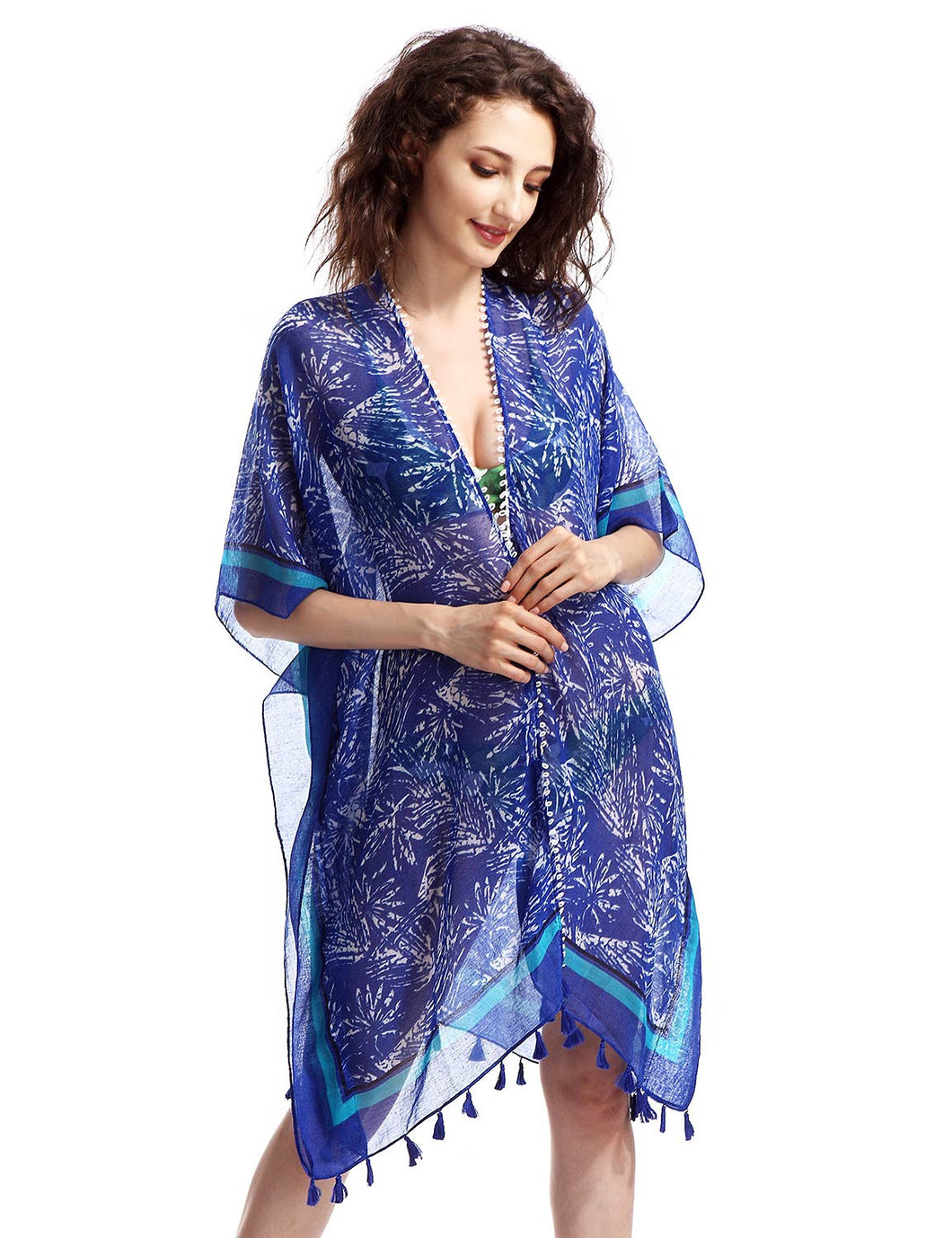 Avoir Aime Long Abstract Patterned Lightweight Kimono Wrap with Fringe Ball Trim