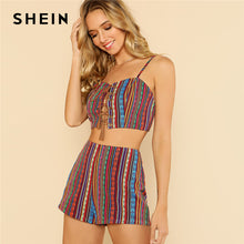 SHEIN Tribal Striped Lace Up Cami Top & Shorts Sets Women Spaghetti Strap Sleeveless Tassel, Zipper Geometric 2 Pieces Sets