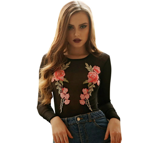 Women Long Sleeve Embroidered Floral Sheer Mesh Bodysuit Leotard Jumpsuit