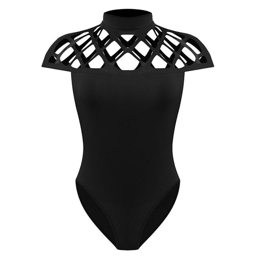 Womens Choker High Neck Bodycon Caged Sleeves Jumpsuit Bodysuit Tops