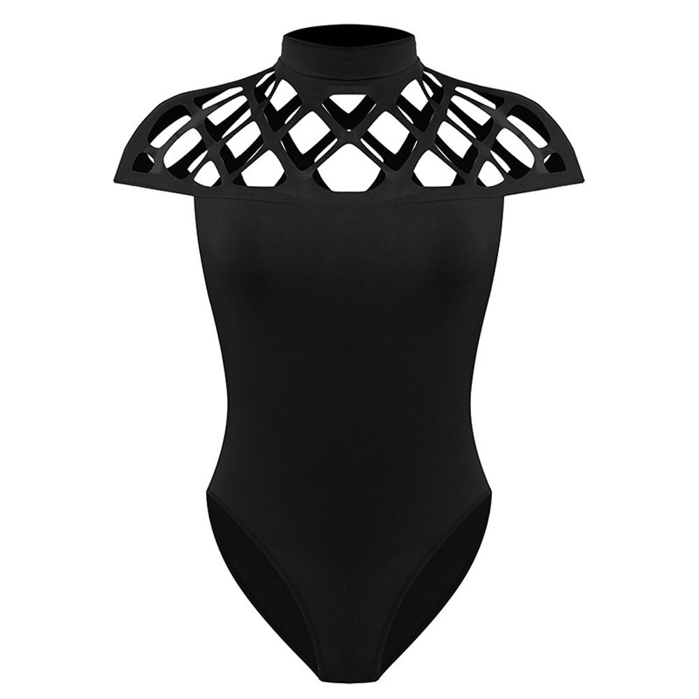 Womens Choker High Neck Bodycon Caged Sleeves Jumpsuit Bodysuit Tops