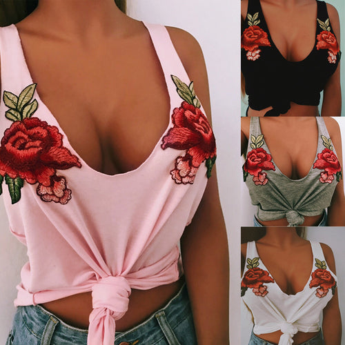 Women Fashion Sexy V-Neck Appliques Rose Sleeveless Tanks & Camis Tops Blouse