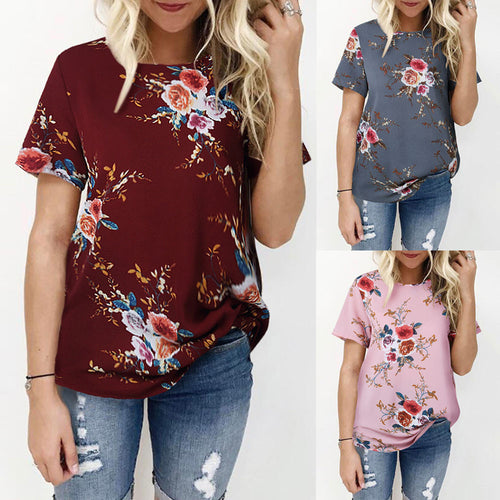 Women Ladies Sexy Casual Floral Printing T-shirt Short Sleeve Tops Blouse