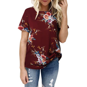 Women Ladies Sexy Casual Floral Printing T-shirt Short Sleeve Tops Blouse