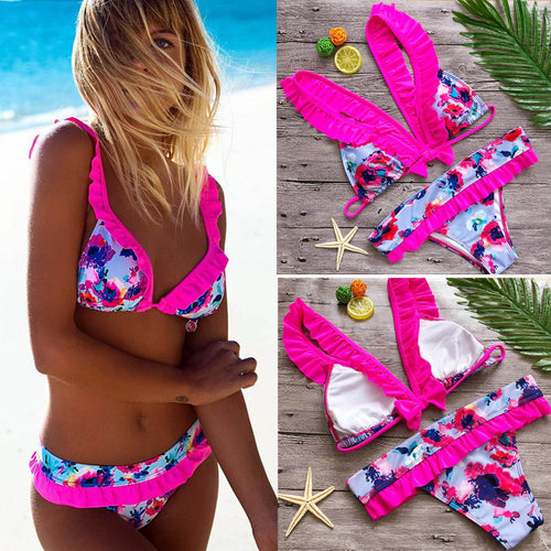 Womens Sexy Swimwear Push Up Print Bow Bikini Set Bain Femme Beachwear Swimsuit