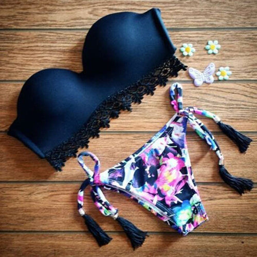 2015 Women Bikini Set Sexy Bra Floral Swimsuit Push-up Swimwear Black