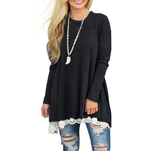 Women Plus Size Long Sleeve Tops Loose Black Tunic T-shirt Girls Spring Irregular Blouse