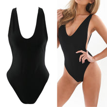 One Piece Simple Backless Deep V Neck Bodysuit - Monokini - Swimsuit