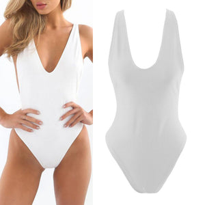 One Piece Simple Backless Deep V Neck Bodysuit - Monokini - Swimsuit